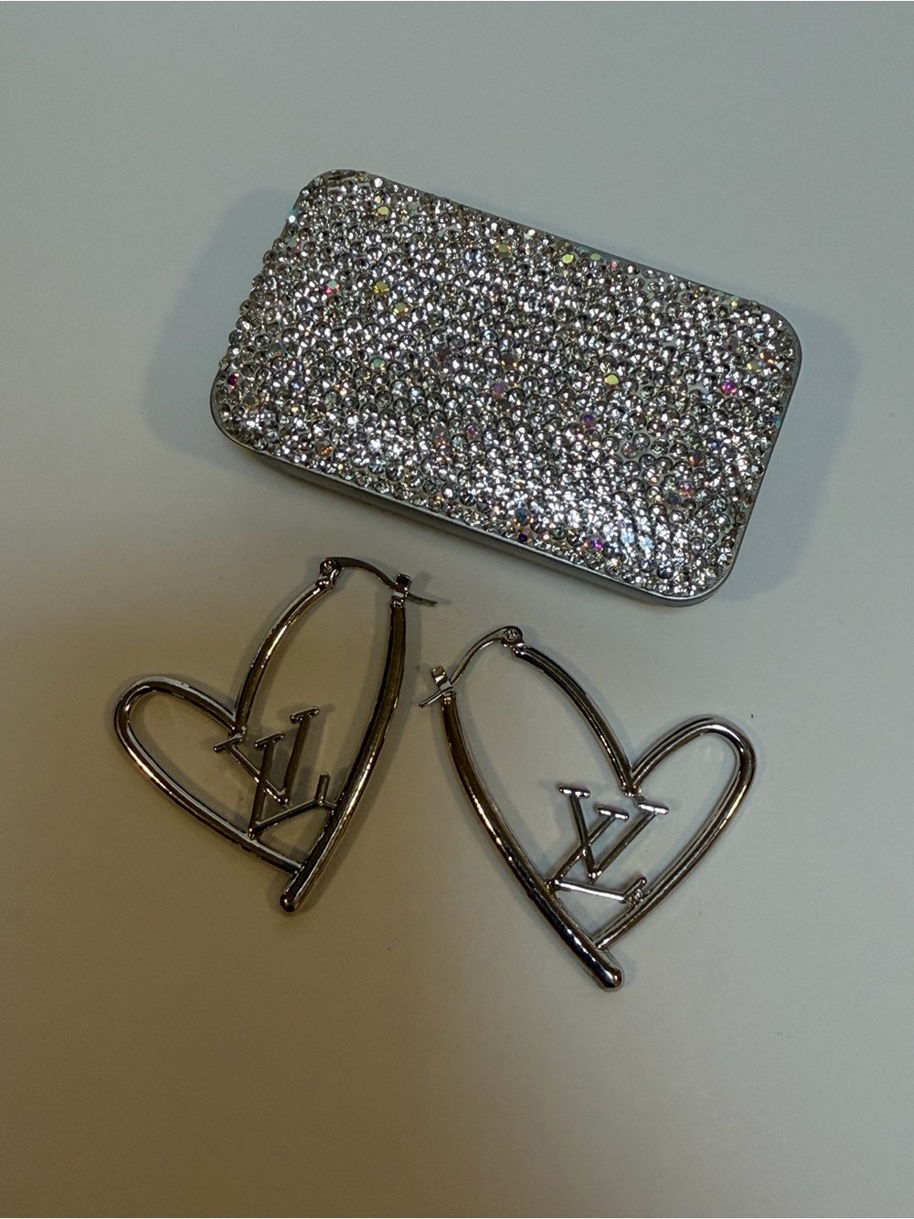 Silver Heart Earrings and a Rhinestone Case NWOT